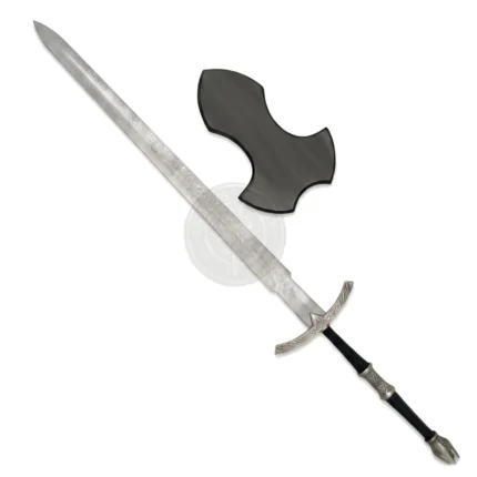 Fantasy engraved medieval sword with black handle and decorative wall plaque on white background