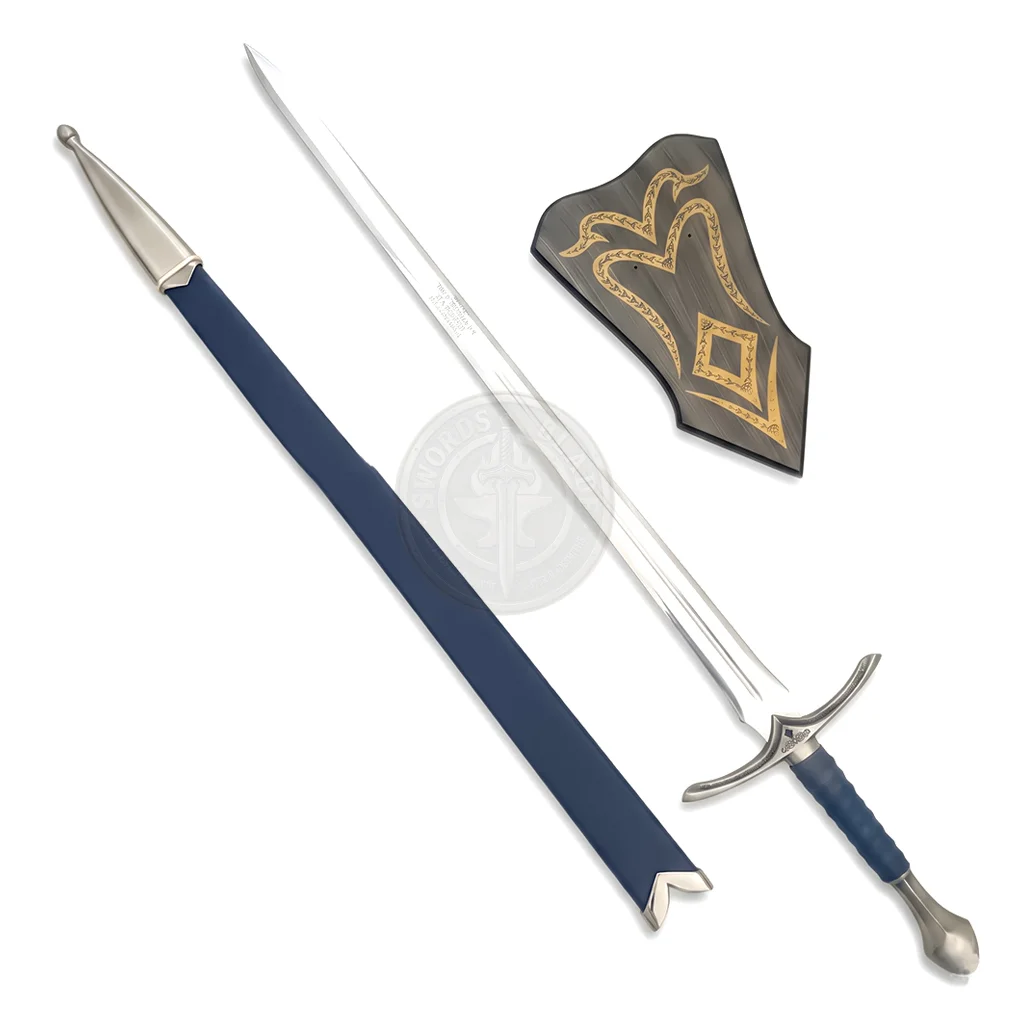 Glamdring Sword Replica with Blue Scabbard and Display Plaque Glamdring fantasy sword replica with blue scabbard and decorative display plaque on white background.