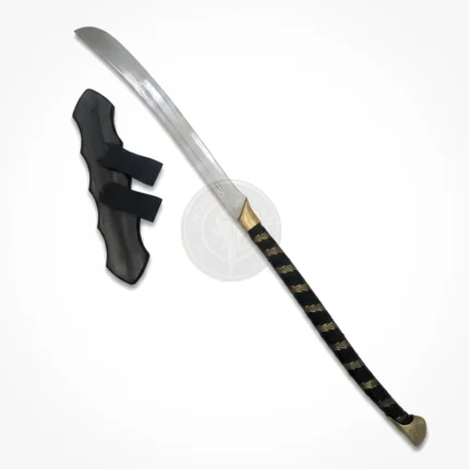 Fantasy katana-style sword with curved steel blade, black wrapped handle with gold detailing, and matching black wall display mount.