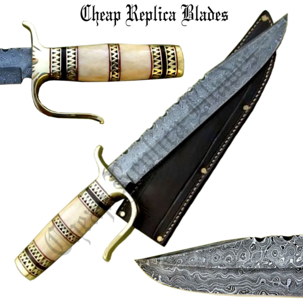 Custom Damascus Bowie Knife Camel Bone Handle-0