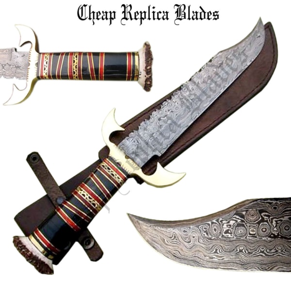 Damascus Bowie Hunting Knife Stag Antler-0