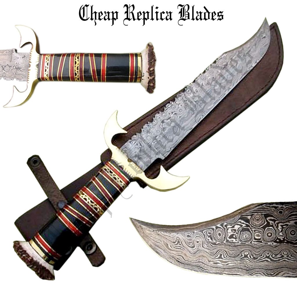 Damascus Bowie Hunting Knife Stag Antler-0