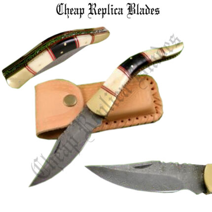 Horn Handle Damascus Pocket Knife-0