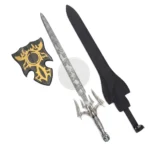 Fantasy trident-style sword with engraved silver blade, ornate metallic handle, black sheath, and decorative tribal wall plaque displayed on a white background.