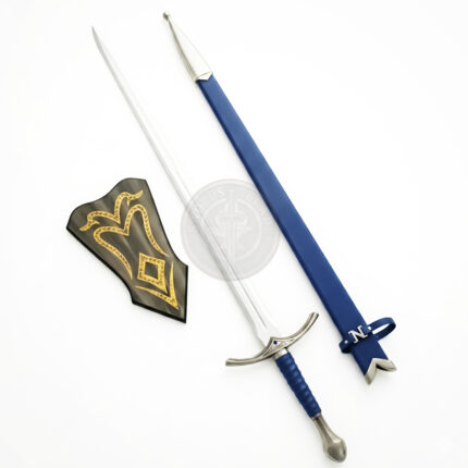 Glamdring fantasy sword replica displayed with a blue scabbard and decorative wall plaque on a light gray background. The sword features a polished silver blade, engraved crossguard, blue textured grip, and metallic pommel, inspired by medieval fantasy weapon design.