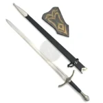 Fantasy long sword with black scabbard and decorative display plaque on white background.