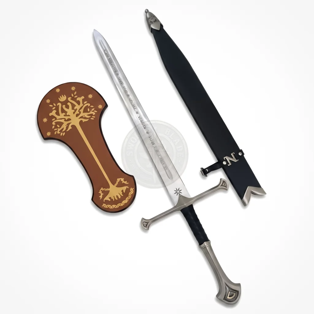 Fantasy ranger sword displayed with black scabbard and decorative wooden plaque featuring a tree emblem design.