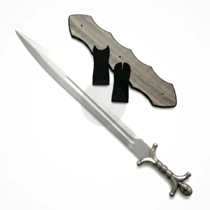 Celtic-style short sword with leaf-shaped blade and decorative hilt, shown with display stand.