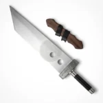Oversized Buster Sword–style blade with wide steel body, two cutouts, and black handle, displayed with wooden mount.