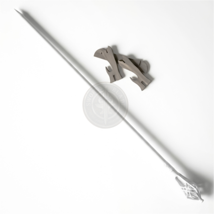 A full-length silver fantasy spear displayed diagonally beside a wooden stand on a white background.