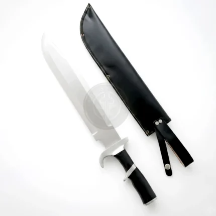 Large fixed-blade Bowie-style knife with a black ergonomic handle and metal guard,