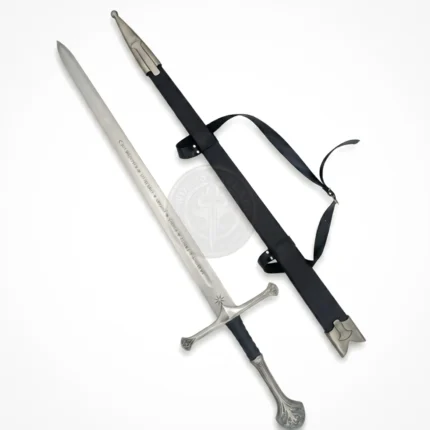 Medieval long sword with scabbard on white background.