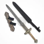Ornate Damascus sword with patterned blade, sheath, and decorative hilt on white background.