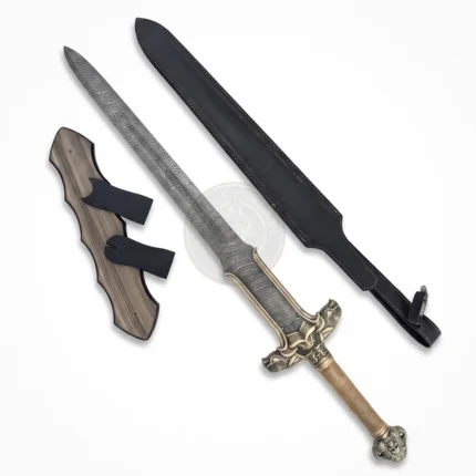 Ornate Damascus sword with patterned blade, sheath, and decorative hilt on white background.